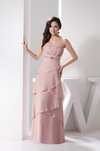 Nice Pink Strapless Wedding Party Dress with Ruched Layers and Beading