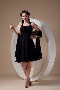 Chic Black Halter Top Knee-length Junior Bridesmaid Dresses with Ruching
