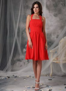 Stylish Halter-top Ruched Chiffon Bridesmaid Dress in Orange with Knee-length