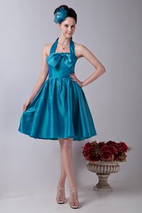 A-line Halter-top Bridesmaid Dresses for Wedding with Bowknot in Blue