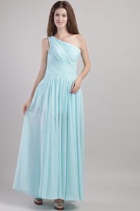 Light Blue One Shoulder Ruched Bridesmaid Dress with Ankle-length