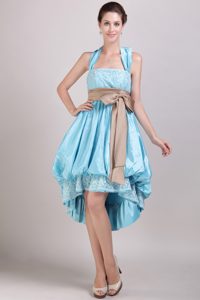 Halter-top High-low Appliqued Dresses for Bridesmaid with Bowknot in