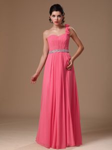 One Shoulder Beading Prom Theme Dresses in Coral Red with Handle Flowers