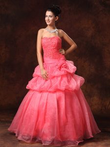 Watermelon Red Appliqued Prom Dresses for Girls with Beadings and Pick-ups