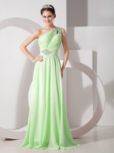 One Shoulder Chiffon Prom Grad Dress in Yellow Green with Beads and Ruches