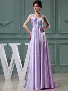 Lavender Halter-top Prom Dress for Ladies with Plus size in Elastic Woven Satin