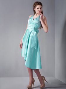 Halter-top Aqua Blue Plus Size Prom Dress for Girls with Bowknot and Ruches