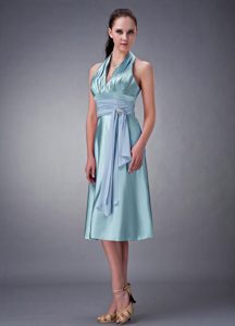 Custom Made Halter-top Baby Blue Prom Dress for Ladies in with Sash