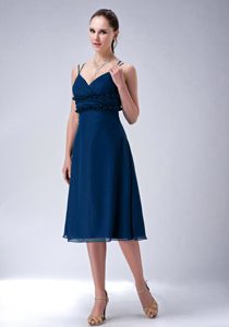 Most Popular Knee-length Straps Prom Dress for Girls with Ruffles in Navy Blue