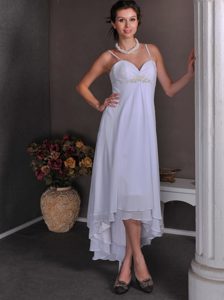 Beading Chiffon High-low Prom Gowns in White with Spaghetti Straps for 2014