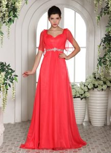 Beautiful Coral Red Square Prom Dress for Ladies with Beaded Sash