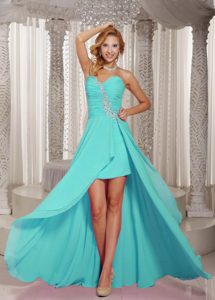 Glitz High-low Sweetheart Prom Dress with Ruches and Appliques in Aqua Blue