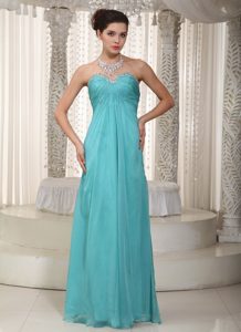Sweetheart Long Aqua Blue Ruched Chiffon Prom Dresses with Beading