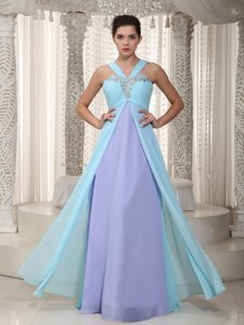 V-neck Long Lilac and Aqua Ruched Chiffon Prom Dresses with Beading
