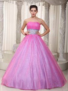 Ruched Strapless Ball Gown Hot Pink Organza Beaded Prom Quinceanera Dress