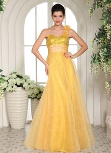 Yellow One Shoulder Long Sequin and Organza Prom Dress with Flower