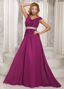 Eggplant Purple V-neck off-the-shoulder Brush Train Beaded Prom Party Dress