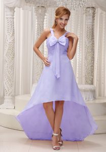 Lilac Straps High-low Chiffon Ruched Prom Homecoming Dress with Bowknot