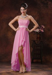 Strapless Rose Pink High-low Layered Chiffon Prom Dresses with Beaded Belt