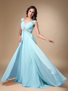 Nice Baby Blue V-neck Straps Court Train Ruched Beaded Chiffon Prom Dress