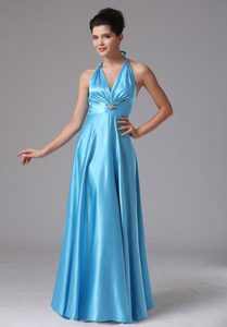 Aqua Blue V-neck Halter Long Ruched Prom Dresses for Celebrity