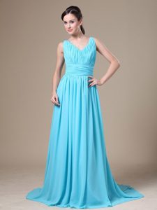 V-neck Straps Brush Train Aqua Blue Ruched Chiffon Prom Dress for Wedding