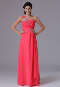 Coral Red One Shoulder Long Ruched Prom Holiday Dress with Beading