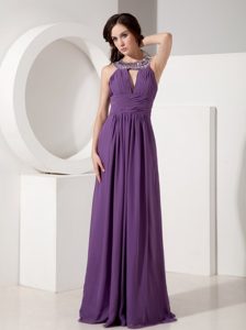Eggplant Purple Jeweled Round-neck Long Ruched Prom Pageant Dress