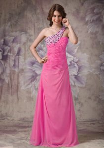 Watermelon One Shoulder Long Ruched Chiffon Prom Dress with Beading