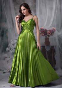 Spaghetti Straps Olive Green Ruched Prom Dresses for Anniversary with Pleats