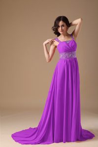 Purple Straps Brush Train Chiffon Prom Dress for Formal Evening with Beading