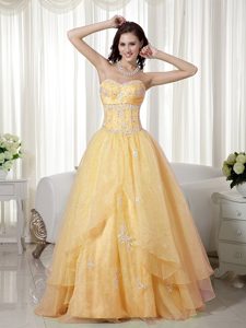 Light Yellow Sweetheart Long Organza Prom Party Dress with Appliques