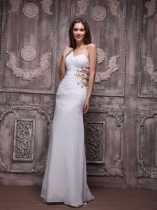 White One Shoulder Long Ruched Beaded Prom Dress with Cutout Waist