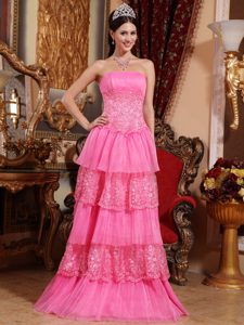 Hot Pink Strapless Long Organza and Lace Prom Party Dress with Layers