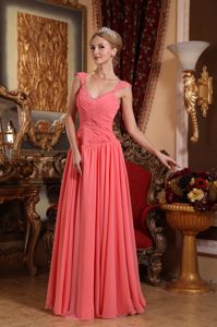 Watermelon V-neck Straps Long Prom Dress with Beading and Ruching