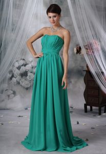 Turquoise Strapless Brush Train Chiffon Prom Dresses for Parties with Ruching