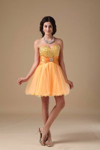 Chic Sweetheart Mini-length Orange Tulle Prom Dress for Juniors with Beading