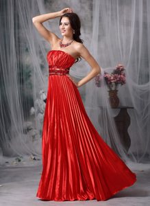 Wine Red Strapless Long Ruched Beaded Prom Party Dress with Pleats