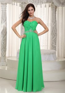 Sweetheart Long Green Ruched Chiffon Prom Party Dress with Beading
