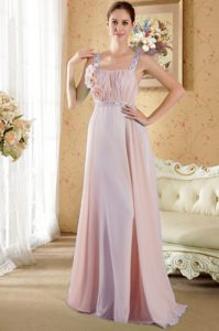 Straps Brush Train Ruched Baby Pink Chiffon Beaded Prom Dress with Flowers
