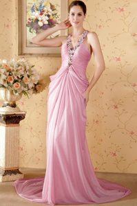 V-neck Court Train Rose Pink Ruched Drapped Beaded Plus Size Prom Dresses