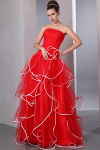 Hot Red Strapless Long Ruched Organza Prom Celebrity Dress with Ruffles