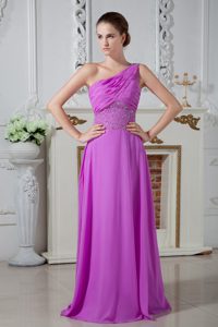 Fuchsia One Shoulder Long Ruched Chiffon Prom Dresses with Beading