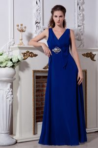 V-neck Straps Long Royal Blue Chiffon Beaded Prom Dress for Parties