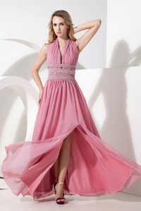 Rose Pink V-neck Halter Ruched Chiffon Prom Dress with Beading and High Slit