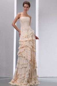 Champagne Strapless Brush Train Ruched Chiffon Prom Party Dress with Ruffles