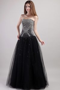 Black Strapless Long Princess Tulle Prom Celebrity Dress with Beading