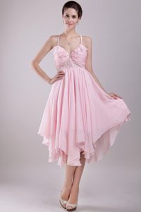 Baby Pink Spaghetti Straps Asymmetrical Ruched Beaded Prom Evening Dress