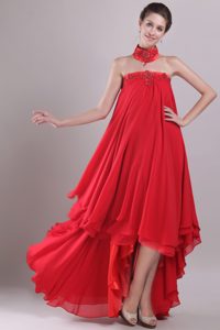 Customized High-neck High-low Red Layered Chiffon Prom Dress with Beading