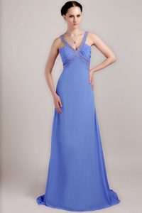 Blue V-neck Brush Train Ruched Chiffon Prom Dress for Parties with Beading